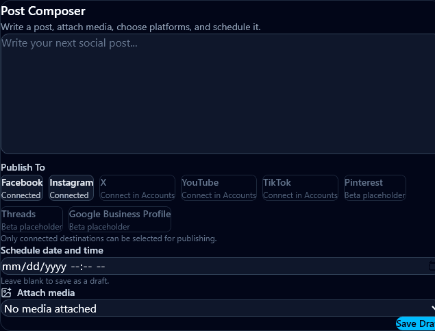 Zarnaca social post composer showing content, media, destinations, and scheduling controls