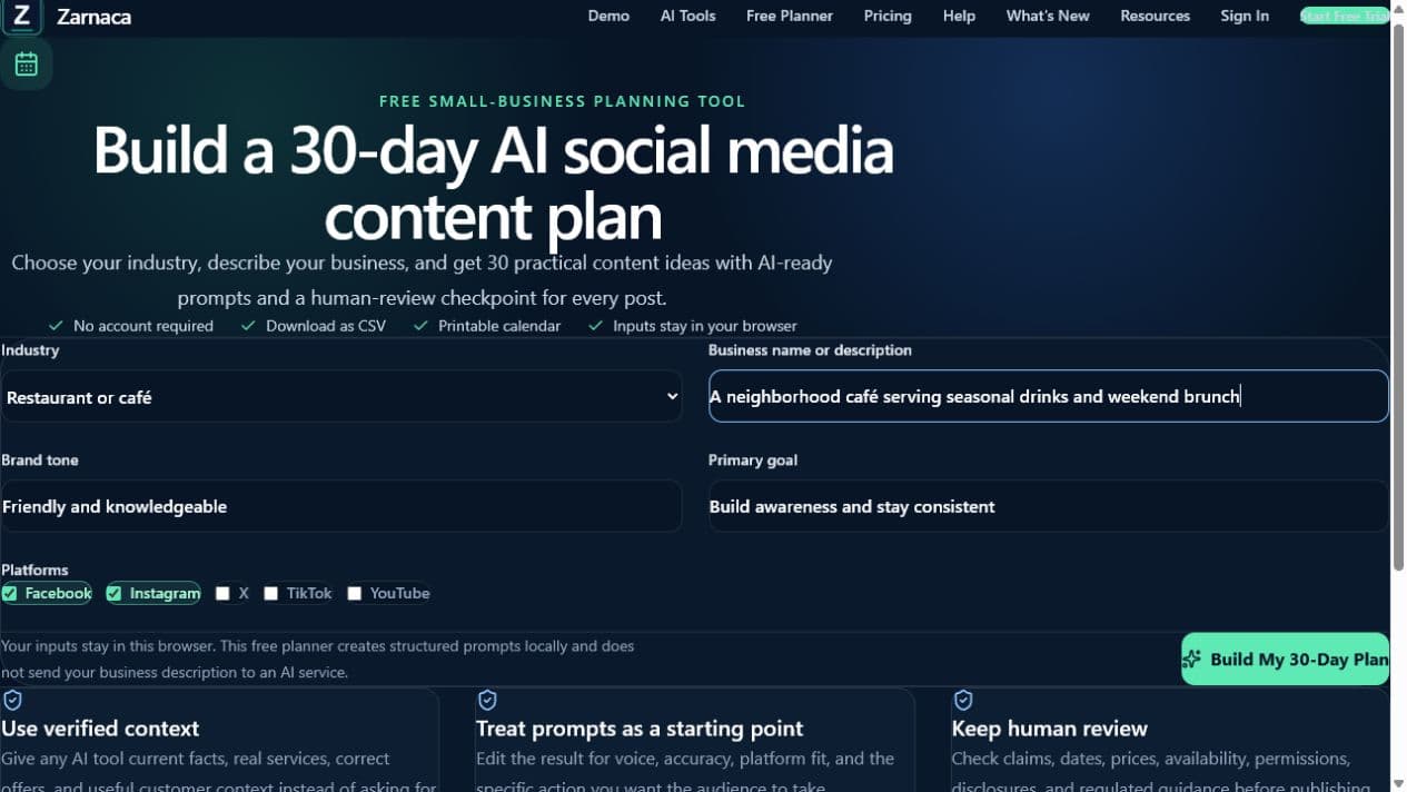 Zarnaca content planner form for choosing an industry, business description, tone, goal, and platforms